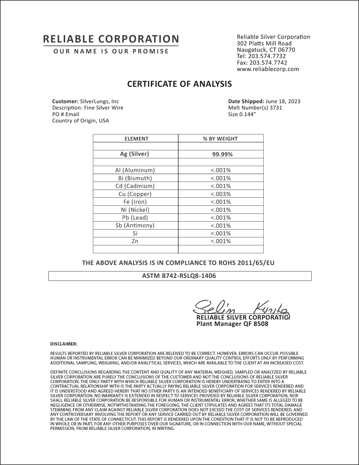 silver purity certification