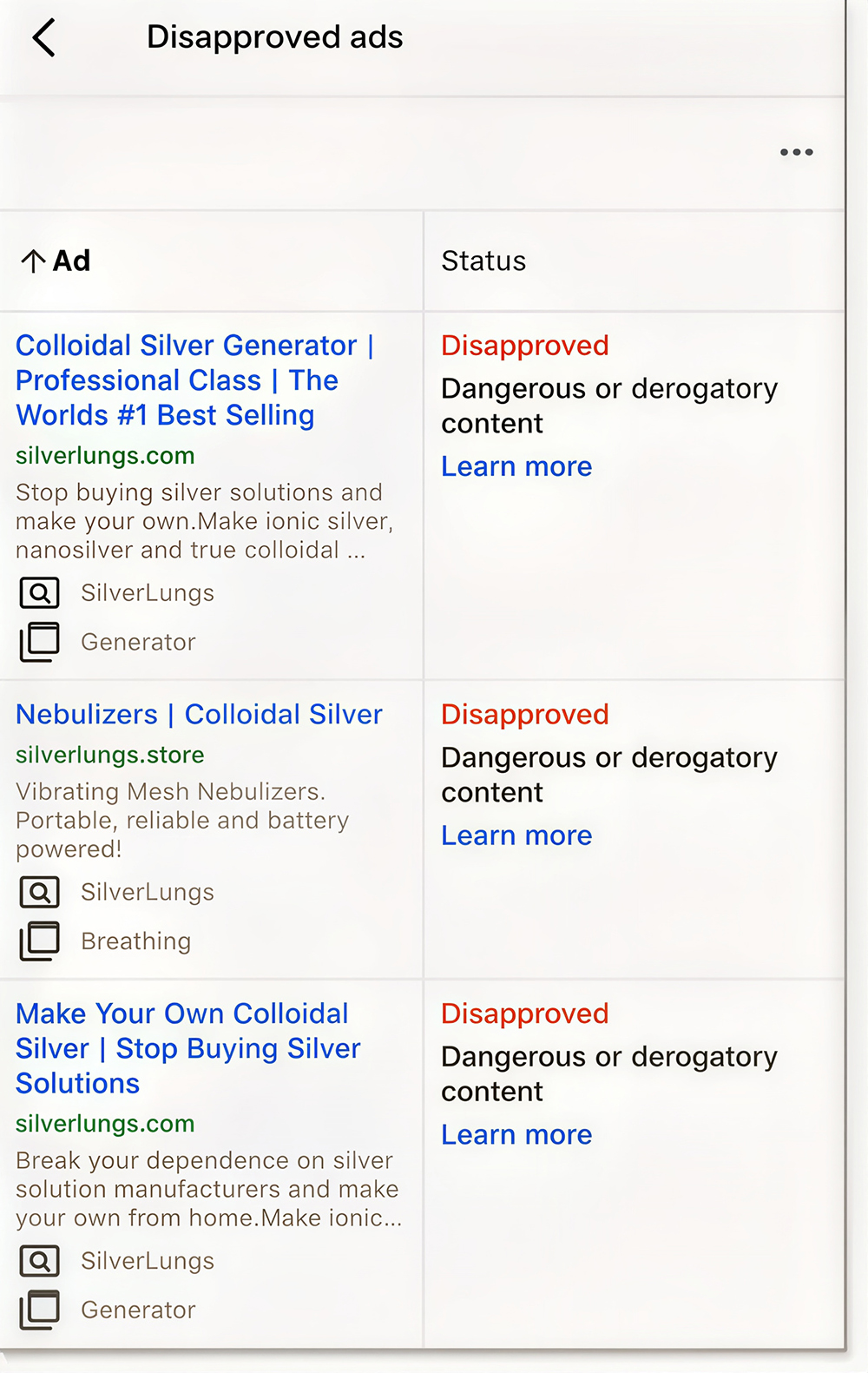 Google Bans SilverLungs!